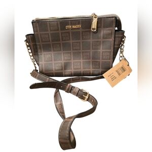 Steve Madden Brown Blexi Monogram Gold Chain Medium Satchel Purse Bag NWT